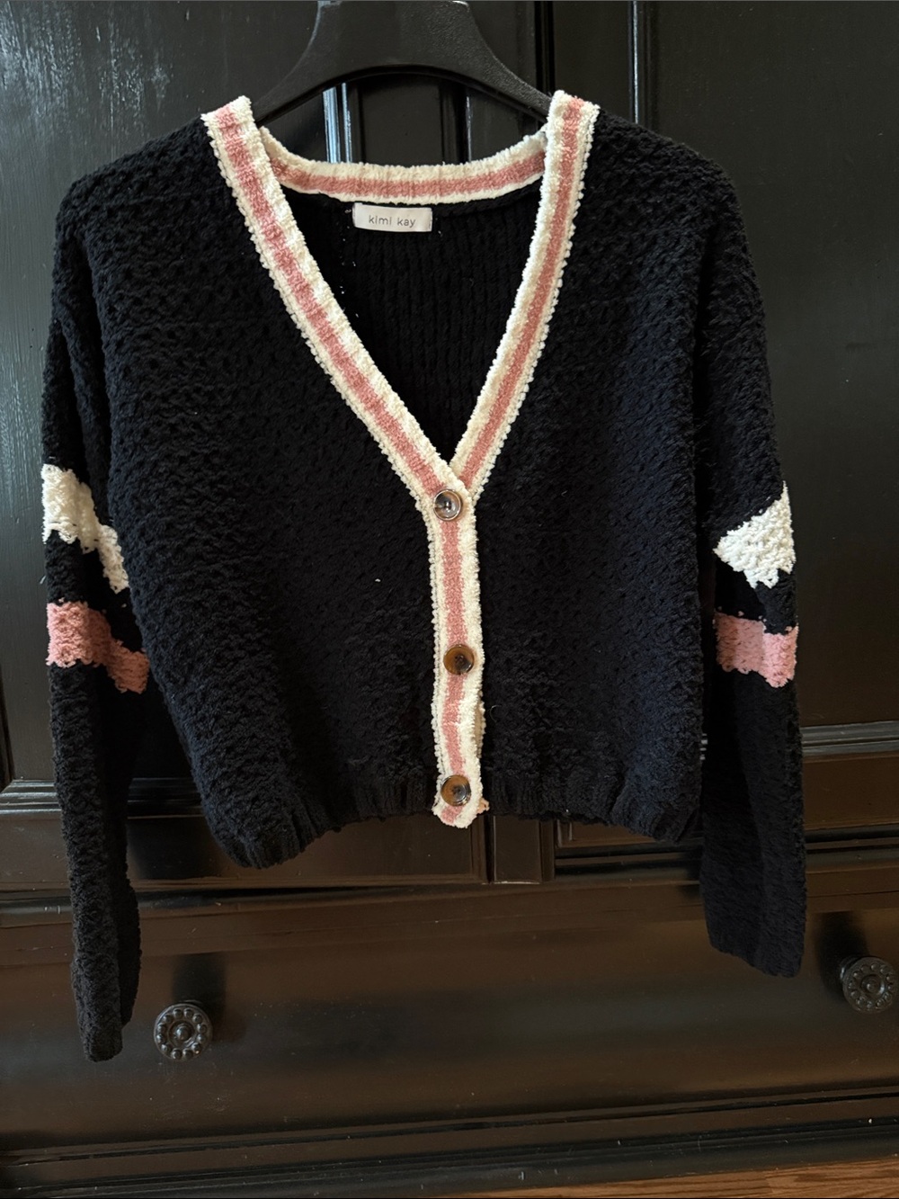 Black Cropped V-Neck Cardigan with Pink & Cream Trim